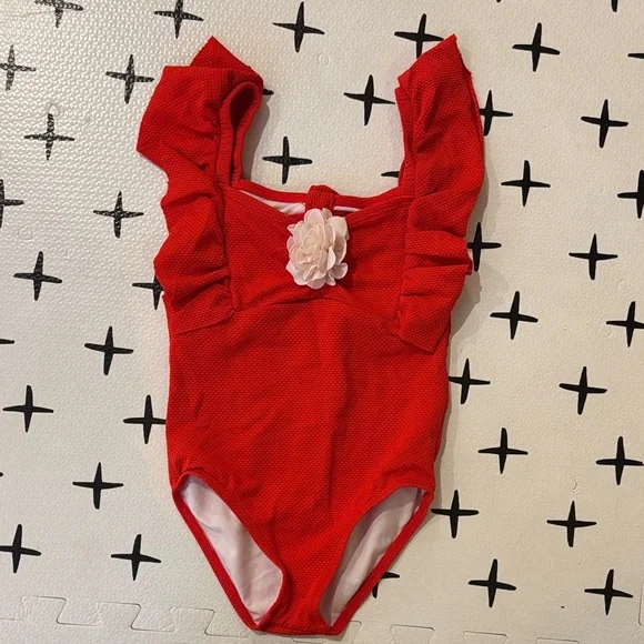Janie and Jack Red One-Piece Swimsuit with Flower Accent - Picture 4 of 4